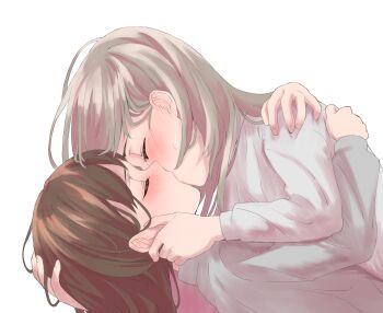 2girls ano_koro_no_aoi_hoshi blonde_hair blush brown_hair commentary ear_blush grey_shirt hand_on_another's_back hand_on_another's_face highres koumoto_umi long_hair multiple_girls rs20210604 segawa_shou shirt short_hair simple_background white_background white_shirt yuri