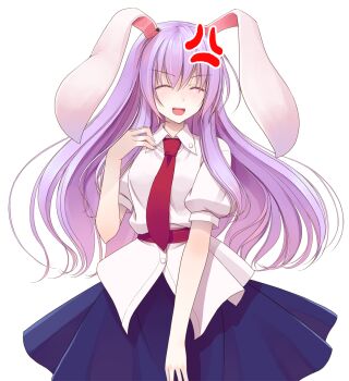 Rule 34 | 1girl, anger vein, animal ears, blue skirt, breasts, buttons, closed eyes, collared shirt, commentary request, cowboy shot, crote, glowing, hair between eyes, hand up, highres, large variant set, long hair, necktie, open mouth, pink hair, puffy short sleeves, puffy sleeves, rabbit ears, red necktie, reisen udongein inaba, shirt, short sleeves, simple background, skirt, smile, solo, standing, teeth, touhou, transparent background, upper teeth only, v-shaped eyebrows, variant set, very long hair, white shirt