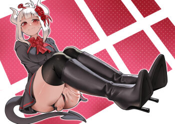 1girl absurdres ass black_skirt blush boots covering_crotch covering_privates demon demon_girl demon_horns demon_tail embarrassed helltaker high_heel_boots high_heels highres horns looking_to_the_side lucifer_(helltaker) maid mole mole_under_eye pandawei red_eyes sitting skirt tail thighs
