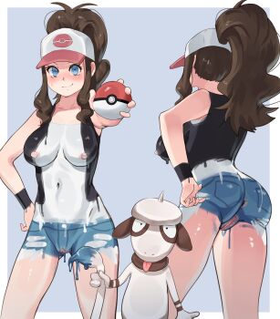 Rule 34 | 1girl, absurdres, ass, baseball cap, blue eyes, blush, bodypaint, breasts, brown hair, commentary, completely nude, gen 2 pokemon, hand on own hip, hat, high ponytail, highres, hilda (pokemon), holding, holding poke ball, looking at viewer, medium breasts, mocomori, multiple views, navel, nintendo, nipples, nude, painted clothes, poke ball, poke ball (basic), pokemon, pokemon (creature), pokemon black and white, ponytail, pussy, smeargle, smile, stomach, untranslatable commentary