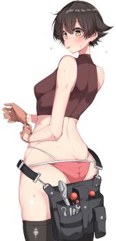 1girl :p absurdres adjustable_wrench adjusting_clothes adjusting_gloves ass back black_shirt black_thighhighs blush brown_eyes brown_hair butt_crack closed_mouth from_behind girls_und_panzer gloves highres kshimu looking_at_viewer looking_back mechanic multi-strapped_panties nakajima_(girls_und_panzer) panties red_panties screwdriver shirt short_hair simple_background sleeveless sleeveless_shirt smile solo standing sweat thighhighs tongue tongue_out tool_belt tools underwear white_background wrench