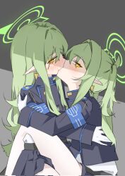 2girls armband black_jacket blue_archive blue_armband blush commentary earrings french_kiss gloves green_hair highres hikari_(blue_archive) incest jacket jewelry kiss long_hair looking_at_viewer multiple_girls nozomi_(blue_archive) pantyhose pleated_skirt pointy_ears ponytail shirt shorts siblings skirt twincest twins white_gloves white_pantyhose white_rectangle white_shirt yellow_eyes yuri