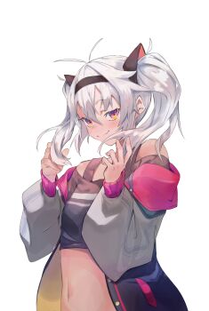Rule 34 | 1girl, absurdres, animal ears, antenna hair, black jacket, black shirt, cat ears, closed mouth, cropped shirt, dark-skinned female, dark skin, fake animal ears, grey hair, highres, jacket, long hair, looking at viewer, matsukai mao, matsukai mao (1st costume), nijisanji, purple eyes, shirt, solo, spmkwy, twintails, virtual youtuber, white background