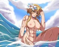 Rule 34 | !, 1girl, abs, annoyed, beach, blonde hair, breasts, brown hair, cloud, cloudy sky, flower, flower on head, ghost, grin, heterochromia, large breasts, lumine (genshin impact), muscular, nipples, scar, scar on face, sky, smile, super soaker, tongue, tongue out, twintails, water, wet, white hair, yellow eyes, yukiart 83