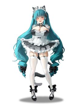 1girl absurdres animal_ears apron bell black_shoes blue_hair blush breasts cat_ears cat_tail elbow_gloves fake_animal_ears fake_tail full_body garter_straps gloves goddess_of_victory:_nikke highres large_breasts long_hair maid maid_apron maid_headdress neck_bell official_alternate_costume open_mouth privaty_(nikke) privaty_(unkind_maid)_(nikke) shoes smile solo soo3 standing tail thighhighs thighs twintails very_long_hair white_background white_garter_straps white_gloves white_headdress white_thighhighs yellow_eyes