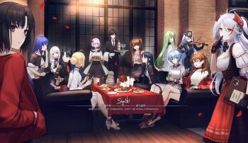 1boy 6+girls ahoge altair_(re:creators) aquaplus artoria_pendragon_(fate) ayanami_rei azur_lane back bare_legs bare_shoulders black_eyes black_gloves black_hair blouse blue_eyes blue_hair book bottle breasts brown_hair c.c. closed_eyes coat code_geass couch crossed_legs crossover cup dress drinking_glass eyebrows_hidden_by_hair fate/grand_order fate/stay_night fate_(series) finger_to_mouth food fork formal_clothes glass gloves green_hair hair_between_eyes hair_ornament hair_over_one_eye hair_ribbon hairclip hat holding holding_book holding_fork holding_instrument holding_knife holding_menu holding_plate holding_violin illyasviel_von_einzbern indoors instrument jacket kara_no_kyoukai knife light long_hair looking_at_viewer looking_back mash_kyrielight matou_sakura menu military military_hat military_uniform multiple_girls music necktie neon_genesis_evangelion ogiso_setsuna open_mouth orange_hair original plate playing_instrument prinz_eugen_(azur_lane) purple_eyes purple_hair re:creators red_eyes red_jacket ribbon ryougi_shiki saber_(fate) shirt short_hair shushing sitting siya_ho skirt smile souryuu_asuka_langley suit talking tohsaka_rin touma_kazusa towel twintails violin white_album_(series) white_album_2 white_hair window wine_bottle wine_glass yellow_eyes