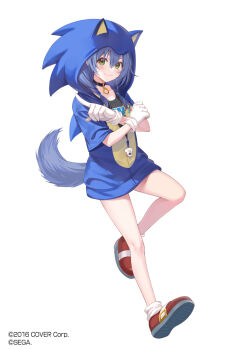 1girl 2016 alternate_eye_color alternate_hair_color animal_hood bare_legs black_choker blue_hoodie blush choker cosplay dog_girl dog_tail fukahire_(ruinon) full_body gloves green_eyes hedgehog_hood hololive hood hood_up hoodie index_finger_raised inugami_korone inugami_korone_(sonikoro) long_hair looking_at_viewer red_shoes sega shoes short_sleeves smile solo sonic_(series) sonic_the_hedgehog sonic_the_hedgehog_(cosplay) tail virtual_youtuber white_background white_gloves