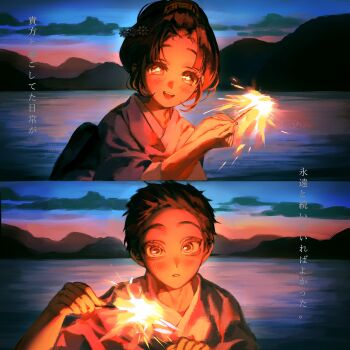 1boy 1girl back_bow black_hair blush bow cloud cloudy_sky couple hair_bun hakuji_(kimetsu_no_yaiba) hetero highres holding holding_fireworks japanese_clothes kimetsu_no_yaiba kimono koyuki_(kimetsu_no_yaiba) li_nauu long_hair looking_at_viewer mountain open_mouth outdoors parted_bangs parted_lips short_hair sidelocks sky smile sunset updo upper_body wide-eyed