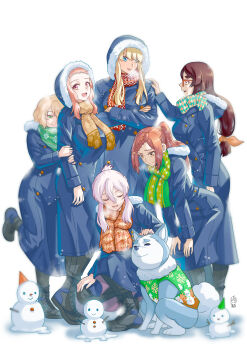 6+girls absurdres becky_montanari blonde_hair blue_coat blue_eyes braid braided_bangs breasts brown_hair cecilia_campbell closed_eyes closed_mouth coat commentary_request crossed_arms debora_rosado dog elisa_anker ge_xi glasses green_eyes green_scarf hamana_akane hand_on_another's_shoulder hands_on_own_knees highres holding_another's_arm hood hood_up hooded_coat large_breasts leaning_forward leg_up lien_ai-chiang long_hair looking_to_the_side low-tied_long_hair merry_christmas multicolored_scarf multiple_girls open_mouth orange_eyes orange_hair orange_scarf petting pink_hair ponytail red-framed_eyewear red_scarf scarf sidelocks simple_background smile snowman squatting standing thick_eyebrows white_background witches_in_7th_base yellow_eyes yellow_scarf