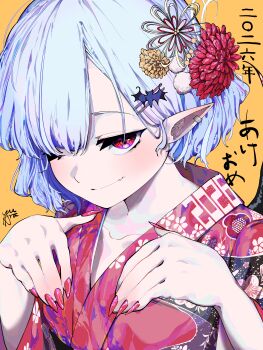 1girl 2026 absurdres bat_hair_ornament bat_wings blue_hair commentary_request earrings fang fingernails hair_between_eyes hair_ornament hairpin happy_new_year highres japanese_clothes jewelry kimono new_year one_eye_closed pink_kimono pointy_ears red_eyes red_nails remilia_scarlet sharp_fingernails short_hair sign skin_fang smile solo touhou translation_request upper_body wings yellow_background yuara