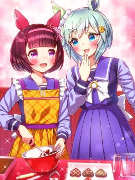 Rule 34 | 2girls, animal ears, apron, blue eyes, blunt bangs, blush, bow, bowtie, brown hair, candy, chocolate, chocolate heart, commentary request, ear covers, flower, food, grey hair, hair between eyes, hair flower, hair ornament, hairband, hairclip, heart, heart-shaped food, highres, horse ears, horse girl, measuring cup, mixing bowl, multiple girls, nishino flower (umamusume), open mouth, pleated skirt, purple eyes, purple sailor collar, purple serafuku, purple shirt, purple skirt, sailor collar, sailor shirt, school uniform, seiun sky (umamusume), serafuku, shirt, short hair, single ear cover, skirt, smile, sugimotty nova, sunflower, sunflower hair ornament, tracen school uniform, umamusume, valentine, white bow, white bowtie, x hair ornament, yellow apron
