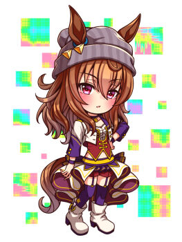 1girl animal_ears beanie blush bodice boots breasts brown_hair chibi chibi_only choker collarbone commentary_request corset cropped_jacket ears_through_headwear full_body garter_straps grey_hat hair_between_eyes hat highres horse_ears horse_girl horse_tail jacket long_hair long_sleeves looking_at_viewer medium_breasts midriff_peek nakayama_festa_(umamusume) navel overskirt parted_lips pendant_choker purple_choker purple_eyes purple_garter_straps purple_thighhighs red_corset red_shorts shirt shorts solo star_(symbol) starting_future_(umamusume) sugimotty_nova tail thighhighs umamusume white_boots white_jacket white_shirt wristband