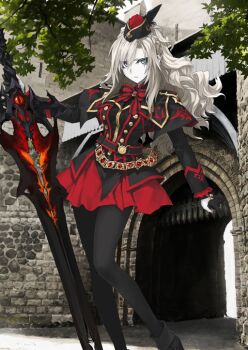 Rule 34 | 1girl, arm at side, balmung kriemhild (fate), belt, black belt, black boots, black gloves, black hat, black jacket, black pantyhose, blue eyes, boots, bow, bowtie, braid, breasts, buttons, closed mouth, crown braid, curtained hair, double-breasted, fate/grand order, fate (series), feet out of frame, fingernails, frown, game cg, garrison cap, gloves, hair over one eye, half gloves, hand up, hat, hat feather, high collar, holding, holding sword, holding weapon, jacket, knees together feet apart, konoe ototsugu, kriemhild (fate), kriemhild (second ascension) (fate), large breasts, long hair, long sidelocks, long sleeves, looking at viewer, mini hat, miniskirt, mole, mole under eye, official art, outstretched arm, pale skin, pantyhose, parted bangs, partially fingerless gloves, ponytail, ponytail with braided base, red bow, red bowtie, red hat, red nails, red skirt, sidelocks, skirt, sleeve cuffs, solo, standing, swept bangs, sword, third-party source, v-shaped eyebrows, variant set, weapon, white hair, wide ponytail