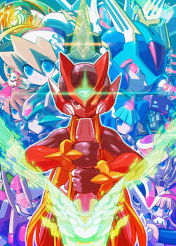 5girls 6+boys alouette_(mega_man) blonde_hair blue_eyes capcom cat ciel_(mega_man) copy_x_(mega_man) craft_(mega_man) dark_elf_(mega_man) doll dr._weil_(mega_man) elpizo_(mega_man) energy_blade fairy_leviathan_(mega_man) fighting_fefnir_(mega_man) glowing glowing_eye go! hidden_phantom_(mega_man) mega_man_(series) mega_man_zero_(series) mega_man_zero_1 mega_man_zero_2 mega_man_zero_3 mega_man_zero_4 multiple_boys multiple_girls neige_(mega_man) omega_(mega_man) one_eye_closed pantheon red_eyes sage_harpuia_(mega_man) wink zero(z)_(mega_man) zero_(mega_man)