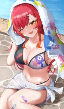 1girl :3 absurdres bandaid bandaid_on_knee bandaid_on_leg bandaid_on_thigh bikini black_bikini blush breasts cleavage collarbone commentary_request day fang gradient_hair hair_between_eyes hair_ornament hairclip hand_up head_tilt highres holding holding_towel large_breasts long_hair looking_at_viewer multicolored_bikini multicolored_hair navel nekota_tsuna on_ground one_eye_closed open_mouth orange_eyes orange_hair orange_streaks phioneko pool poolside red_hair sidelocks smile solo stomach stomach_tattoo streaked_hair string_bikini swimsuit tattoo thighs towel towel_on_head two-tone_bikini very_long_hair virtual_youtuber vspo! water wet wiping