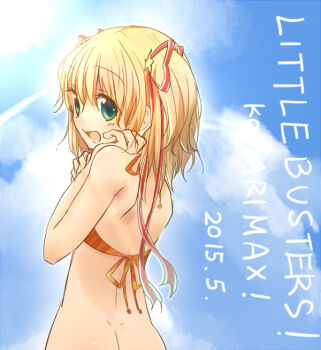 Rule 34 | :d, alternate costume, aqua eyes, ass, back, bare shoulders, bikini, blonde hair, blue sky, blush, character name, commentary request, copyright name, cowboy shot, dated, day, from behind, hair between eyes, hair ornament, hair ribbon, halterneck, hands up, kamikita komari, little busters!, long ribbon, looking at viewer, looking back, medium hair, open mouth, orange bikini, outdoors, red ribbon, ribbon, sakura emi, shoulder blades, sky, smile, star (symbol), star hair ornament, striped bikini, striped clothes, sunlight, swimsuit, two side up