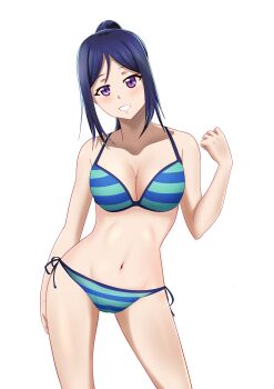 Rule 34 | 1girl, absurdres, bikini, blue hair, breasts, highres, love live!, love live! sunshine!!, matsuura kanan, navel, ponytail, purple eyes, side-tie bikini bottom, smile, solo, striped bikini, striped clothes, swimsuit, user fydj7435