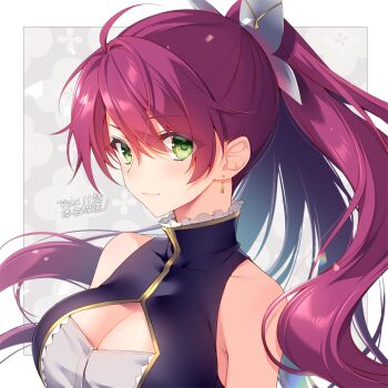 1girl ahoge bare_shoulders black_dress border breasts center_opening choujin_koukousei-tachi_wa_isekai_demo_yoyuu_de_ikinuku_you_desu! cleavage cleavage_cutout clothing_cutout commentary_request dress earrings frilled_dress frills green_eyes hair_between_eyes hair_ornament jeanne_de_leblanc jewelry large_breasts long_hair looking_at_viewer official_art ponytail red_hair sacraneco smile solo white_border