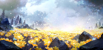 absurdres commentary_request day field fir_tree flower flower_field flower_request highres kurasuta nature no_humans original outdoors overcast rock scenery sky snow snowing tree yellow_flower