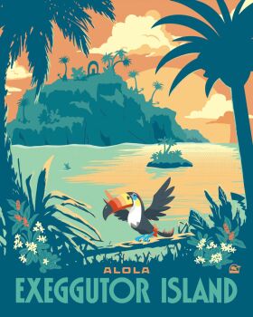 alolan_exeggutor alolan_form alolan_raichu artist_request character_name closed_mouth cloud commentary english_commentary english_text flower gen_1_pokemon gen_7_pokemon grass highres in-universe_location island leaf merchandise_available nintendo no_humans official_art outdoors palm_tree pikachu pokemon pokemon_(creature) pokemon_focus pokemon_sun_and_moon second-party_source sky sun toucannon tree water