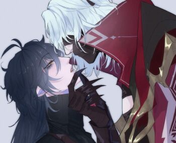 2boys ahoge bandages black_bandages cape claws covered_mouth flins_(genshin_impact) fthrihvsnnd genshin_impact hand_on_another's_chin highres looking_at_another male_focus multiple_boys open_mouth pointy_ears rerir_(genshin_impact) white_background white_hair yaoi yellow_eyes