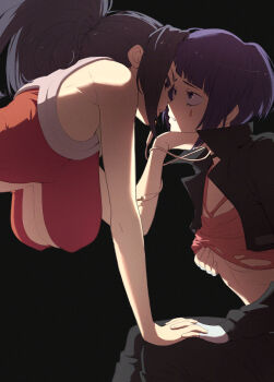 2girls areola_slip arm_support audio_jack bare_arms bent_over black_background black_eyes black_hair black_jacket black_pants blunt_bangs boku_no_hero_academia breasts clothes_lift commentary_request covered_erect_nipples cropped_jacket earplugs eye_contact facial_mark feet_out_of_frame grabbing_own_breast hand_on_another's_chin hand_on_own_chest hanging_breasts high_ponytail highres holding_hands imminent_kiss interlocked_fingers jacket jiro_kyoka kuroneko_pantsu large_breasts long_earlobes looking_at_another multiple_girls pants ponytail purple_hair red_tank_top shirt_lift short_hair sidelocks simple_background sitting small_breasts tank_top upper_body yaoyorozu_momo yuri