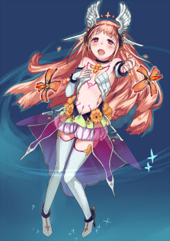 Rule 34 | 10s, 1girl, ange vierge, bare shoulders, blush, breasts, female focus, long hair, looking at viewer, navel, nemeko, original, outstretched arm, pink hair, purple eyes, small breasts, solo, thighhighs