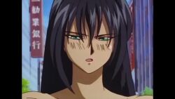 1996 1girl animated anime_screenshot audible_speech backboob black_hair boots breasts building city cleavage cloud convenient_censoring covering_breasts covering_privates crowd dark-skinned_female dark_skin elbow_pads english_audio facial_hair formal_clothes green_eyes kimura_takahiro knee_pads kubota_jun large_breasts long_hair mustache navel nude old old_man outstretched_arms public_indecency rope screen sky sound spread_arms standing tagme television tree variable_geo video wrestling_ring