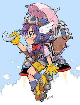 1girl arm_at_side bag black-framed_eyewear blue_background blue_helmet blue_shirt blue_socks blunt_bangs bow bowtie brown_shoes brown_wings buttons canteen deformed dr._slump fake_wings from_side full_body glasses gloves goggles goggles_on_head goggles_on_headwear grey_eyes hand_up helmet holding holding_umbrella jetpack kiichi looking_ahead midair multicolored_shoes norimaki_arale parted_lips pink_sleeves pink_umbrella purple_hair raised_eyebrows red_bow red_bowtie roller_skates round_eyewear rubber_gloves shirt shoes short_sleeves shorts shoulder_bag signature skates socks solo striped_sleeves traditional_bowtie two-tone_background two-tone_shoes umbrella white_background white_sleeves winged_helmet wings wire yellow_gloves yellow_shoes yellow_shorts