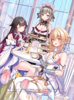 3girls :o bare_shoulders black_hair blonde_hair blue_eyes blush breasts brown_hair cleavage closed_eyes closed_mouth columbina_(genshin_impact) commentary_request cover cup dress eye_mask feathered_wings genshin_impact gloves gradient_hair hair_between_eyes hair_ornament head_wings highres holding holding_cup holding_saucer holding_tray kashiba_aira long_hair looking_at_viewer lumine_(genshin_impact) mask medium_breasts multicolored_hair multiple_girls open_mouth pink_hair sandrone_(genshin_impact) saucer see-through_clothes see-through_mask short_hair_with_long_locks sitting sleeveless sleeveless_dress small_sweatdrop smile tea_party teacup thighhighs tiered_tray tray two-tone_hair white_dress white_gloves white_mask white_thighhighs white_wings wing_hair_ornament wings yellow_eyes