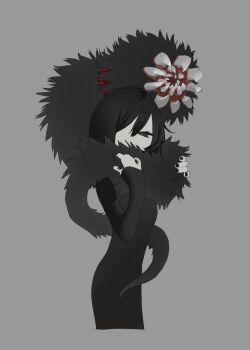 Rule 34 | 1girl, black dress, black eyes, black hair, black nails, bright pupils, colored skin, creature, cropped legs, dress, grey background, grey skin, hands up, leviair, long sleeves, looking at viewer, original, pencil dress, short hair, simple background, sleeves past wrists, solo, standing, white pupils