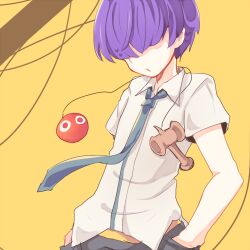 Rule 34 | 1boy, blue necktie, collared shirt, grey pants, hair over eyes, hand in pocket, karunabaru, kendama, lowres, male focus, necktie, pants, parted lips, purple hair, puyo (puyopuyo), puyopuyo, puyopuyo 7, sasaki maguro, shirt, short hair, short sleeves, solo, white shirt, yellow background