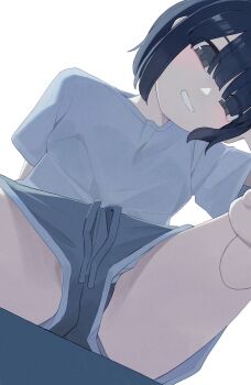 1girl black_eyes black_hair breasts commentary grey_shorts grin highres hiroki_(yyqw7151) looking_at_viewer original parted_lips shirt short_hair short_sleeves shorts simple_background small_breasts smile solo upshorts white_background white_shirt