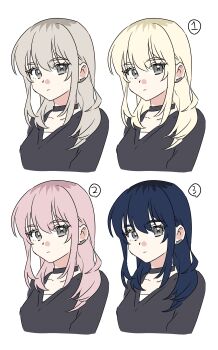 1girl absurdres alternate_hair_color black_choker black_sweater blonde_hair blue_hair choker closed_mouth commentary_request earclip expressionless girls_band_cry grey_eyes grey_hair habsida_(habsida_hpy) highres kawaragi_momoka long_hair looking_at_viewer multicolored_hair multiple_views pink_hair roots_(hair) simple_background sweater upper_body white_background