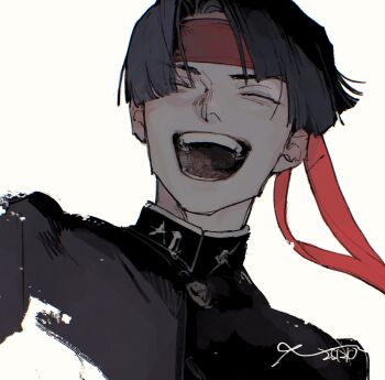 Rule 34 | 1boy, ace attorney, black hair, black jacket, blunt ends, commentary, dadadadadaist, gakuran, headband, highres, jacket, kazuma asogi, male focus, open mouth, red headband, school uniform, short hair, signature, simple background, smile, solo, teeth, the great ace attorney, unfinished, untranslatable commentary, white background