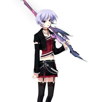 1girl angry belt black_jacket black_lips black_skirt black_thighhighs blue_hair chain chaos;head choker closed_mouth collarbone corset cross cross_print d-sword detached_sleeves earrings frilled_corset frilled_skirt frilled_sleeves frills garter_straps goth_fashion holding holding_sword holding_weapon inverted_cross jacket jewelry kishimoto_ayase lace lace-trimmed_thighhighs lace_trim leather leather_jacket leather_skirt long_sleeves looking_at_viewer matsuo_yukihiro midriff miniskirt navel non-web_source over_shoulder phantasm pink_eyes red_corset red_skirt science_adventure short_hair skirt solo sword sword_over_shoulder thighhighs v-shaped_eyebrows weapon weapon_over_shoulder