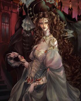 Rule 34 | 1boy, 1girl, bracelet, brown hair, charlotte elbourne, couple, cross, dress, gem, gold bracelet, hair jewelry, hashtag-only commentary, highres, jewelry, long hair, meier link, pecorino66, red gem, ring, vampire, vampire hunter d, vampire hunter d: bloodlust, white dress