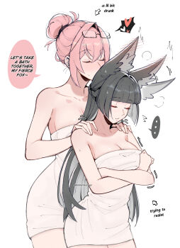 ... 2girls alternate_hairstyle animal_ear_fluff animal_ears arrow_(symbol) artist_name bare_shoulders black_hair blunt_bangs blush breasts cleavage closed_eyes closed_mouth collarbone crossed_arms dailymiyanagi drunk ear_wiggle english_text eyewear_on_head flying_sweatdrops fox_ears fox_girl glasses hair_between_eyes hair_bun hands_on_another&#039;s_shoulders heart highres hoshimi_miyabi kiss large_breasts long_hair medium_breasts multiple_girls naked_towel revision sidelocks simple_background single_hair_bun speech_bubble spoken_ellipsis spoken_heart towel tsukishiro_yanagi twitter_username white_background yuri zenless_zone_zero