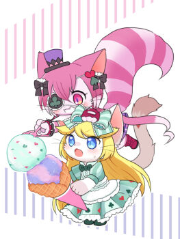 2girls :3 accurate_lolita_coord alice_(cat_busters) animal_ears black_bow blonde_hair blue_eyes body_fur bow cat_busters cat_ears cat_girl cat_tail cheshire_(cat_busters) chibi chibi_only chibikemo classic_lolita club_(shape) commentary_request dress eyepatch food furry furry_female green_bow green_dress hair_bow hair_ornament hat holding holding_food holding_ice_cream ice_cream lace-trimmed_bow lace_trim lolita_fashion long_hair low_twintails mini_hat mini_top_hat multiple_girls pawpads purple_eyes purple_fur purple_hair simple_background spade_hair_ornament striped_tail tail top_hat twintails very_long_hair wataboshi whiskers white_background white_fur