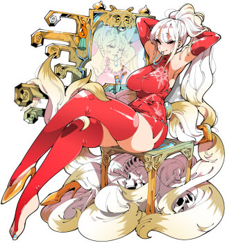 1girl animal_ears armpits arms_behind_head arms_up bone cat_ears cat_girl elbow_gloves feet furry gloves gold gold_footwear gradient_hair half-closed_eyes high_heels kafun long_hair mirror multicolored_hair original ponytail red_gloves red_thighhighs shoes single_shoe sitting skindentation skull tagme thighhighs toeless_legwear very_long_tail whiskers white_hair