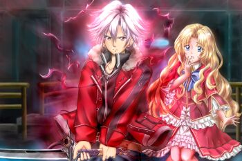 Rule 34 | 1boy, 1girl, alfin reise arnor, aura, blonde hair, blue eyes, captured, coat, commentary request, dark aura, eiyuu densetsu, highres, holding, holding sword, holding weapon, katana, long hair, official alternate eye color, official alternate hair color, rean schwarzer, school uniform, sen no kiseki (series), st. astraia's school uniform, surprised, sword, weapon, you george24