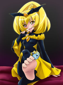 10s 1girl :d bad_end_peace bad_end_precure barefoot bat_wings bed bed_sheet between_toes black_background black_bodysuit blonde_hair blush bodysuit boots bow braid breasts crossed_legs dark_persona dress earrings elephant feet female_focus finger_to_mouth fingerless_gloves foot_focus foreshortening frills gem gloves hair_ornament head_tilt heart high_ponytail highres holding_with_feet jewelry laughing long_hair long_sleeves magical_girl mameshiba_(pixiv_59310) naughty_face on_bed open_mouth outstretched_leg ponytail precure shiny_clothes simple_background sitting skirt small_breasts smile smile_precure! soles solo tiara toes turtleneck wide_sleeves wings wrist_cuffs yellow_eyes