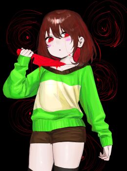 Rule 34 | 1other, absurdres, androgynous, blush stickers, bob cut, brown hair, brown shorts, chara (undertale), colored inner hair, commentary, english commentary, flat chest, genocide route (undertale), green sweater, heart soma, highres, holding, holding knife, knife, long sleeves, looking at viewer, multicolored hair, open mouth, red eyes, red knife, short hair, shorts, simple background, striped clothes, striped sweater, sweater, two-tone hair, two-tone sweater, undertale, utdr (toby fox)