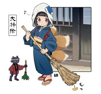 Rule 34 | 1girl, bamboo broom, blue kimono, broom, brown eyes, brown hair, brown sandals, closed mouth, commentary request, eighth note, fox girl, fox tail, ginkgo leaf, headscarf, holding, holding broom, japanese clothes, kimono, kitsune, kukuri (mawaru), leaf, long sleeves, mawaru (mawaru), musical note, obi, original, sandals, sash, smile, standing, tail, tasuki, translation request, wide sleeves