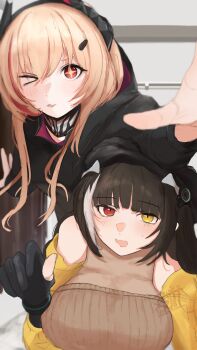 +_+ 2girls :d ;d absurdres arm_on_another's_head bare_shoulders black_gloves black_hair black_jacket blonde_hair blush breasts brown_sweater clothes_pull commentary_request girls'_frontline girls'_frontline_2:_exilium gloves hair_ornament hairclip hands_up headgear heterochromia highres indoors jacket jacket_pull large_breasts long_hair looking_at_viewer m4_sopmod_ii_(girls'_frontline) medium_breasts multicolored_hair multiple_girls off_shoulder one_eye_closed open_clothes open_jacket open_mouth re_numasakana reaching reaching_towards_viewer red_eyes red_hair ro635_(girls'_frontline) robella_(girls'_frontline_2) smile streaked_hair sweater twintails two-tone_hair upper_body vertical-striped_sweater very_long_hair white_hair yellow_eyes yellow_jacket