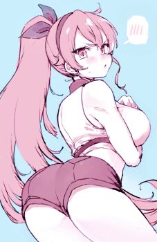 1girl ahoge armpits ass ass_focus bare_shoulders blush breasts bunching_hair closed_mouth crossed_bangs eris_greyrat from_behind hair_between_eyes hairband highres large_breasts long_hair looking_at_viewer mokkori mushoku_tensei partially_colored red_eyes red_hair red_shorts shirt shorts simple_background solo thick_eyebrows very_long_hair white_shirt