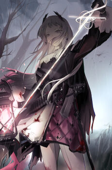 1girl absurdres arknights black_cape black_gloves black_jacket blood blood_on_clothes bloody_weapon cape capelet cloud cloudy_sky commentary cross_scar earrings front-seamed_legwear gloves grey_eyes grey_hair head_wings highres holding holding_lantern holding_sword holding_weapon irene_(arknights) jacket jewelry kukimaru_(pixiv49247046) lantern long_hair long_sleeves pantyhose pink_pupils pink_skirt puffy_long_sleeves puffy_sleeves rain scar scar_across_eye scar_on_face seamed_legwear shoulder_strap skirt sky sleeve_cuffs solo sword weapon white_capelet white_pantyhose white_skirt wings
