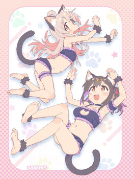 2girls :d absurdres animal_ear_fluff animal_ears armpits black_hair blush bra breasts brown_eyes cat_cutout cat_ears cat_lingerie cat_tail cleavage_cutout clothing_cutout collarbone commentary_request fang feet frilled_bra frilled_panties frills grey_hair hair_ornament hair_ribbon hairclip hands_up highres loli long_hair looking_at_another looking_at_viewer matado_(almukha) medium_breasts medium_hair multicolored_hair multiple_girls navel onii-chan_wa_oshimai! open_mouth oyama_mahiro oyama_mihari panties paw_pose paw_print paw_print_background pink_hair purple_bra purple_hair purple_panties red_ribbon ribbon siblings sisters skin_fang small_breasts smile soles star_(symbol) star_symbol_background streaked_hair tail tail_raised underwear wavy_mouth