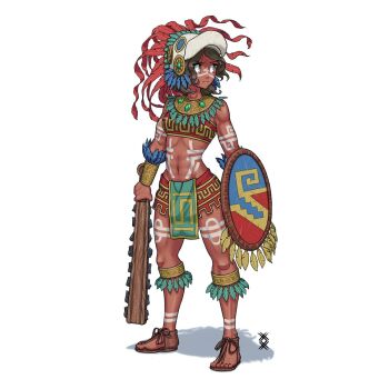 1girl animal_skull aztec bird_skull brown_eyes brown_hair club_(weapon) feathers highres holding holding_shield holding_weapon looking_to_the_side macuahuitl medium_hair navel non-web_source ostwindprojekt revealing_clothes serious shield tan tattoo toned toned_female vambraces warrior weapon white_background