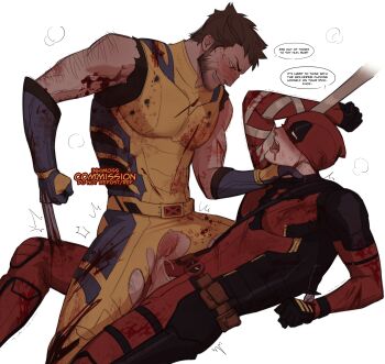 Rule 34 | 2boys, absurdres, arm hair, beard, belt, black gloves, blood, blood on clothes, blood on face, blush, bodysuit, brown hair, claw (weapon), clenched hand, clitoris, cum, cum in pussy, cuntboy, cuntboy with male, deadpool, deadpool &amp; wolverine, deadpool (series), english text, erection, facial hair, full-face blush, gloves, grin, hand on another&#039;s neck, highres, inhimoss, knife, large pectorals, looking at another, marvel, marvel, mask lift, multiple boys, open mouth, pectorals, penis, power bottom, pubic hair, pussy, red bodysuit, red mask, restrained, seatbelt, sex, short hair, sleeveless, smile, speech bubble, spread legs, stab, strangling, superhero costume, teeth, torn bodysuit, torn clothes, trembling, utility belt, vaginal, weapon, wolverine (x-men), x-men, yaoi, yellow bodysuit
